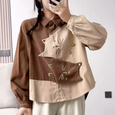 Cat sweet color-blocking embroidery lapel long sleeves blouses