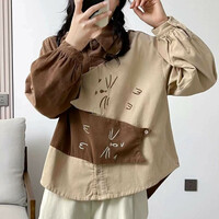 Cat sweet color-blocking embroidery lapel long sleeves blouses - Thumbnail 1