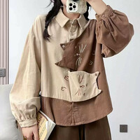 Cat sweet color-blocking embroidery lapel long sleeves blouses - Thumbnail 3