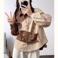 Cat sweet color-blocking embroidery lapel long sleeves blouses - Thumbnail 4