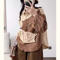 Cat sweet color-blocking embroidery lapel long sleeves blouses - Thumbnail 5