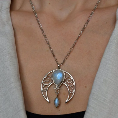 Celestial boho gothic silver hollow moon pendant necklace