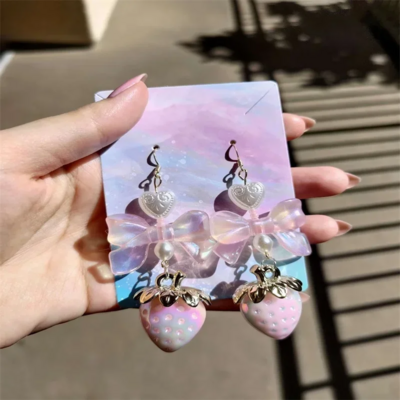  coquette cottagecore pastel strawberry bow earrings 