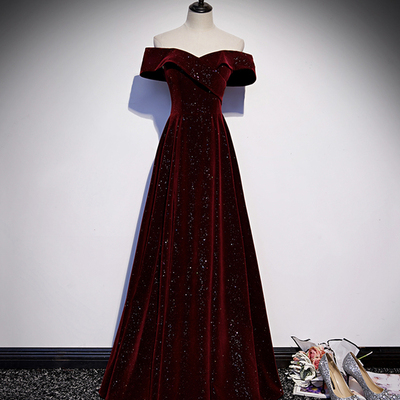 Burgundy velvet long a line prom dress evening dress，1960