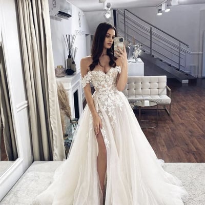 A-line off shoulder lace long prom dress evening dress，1961