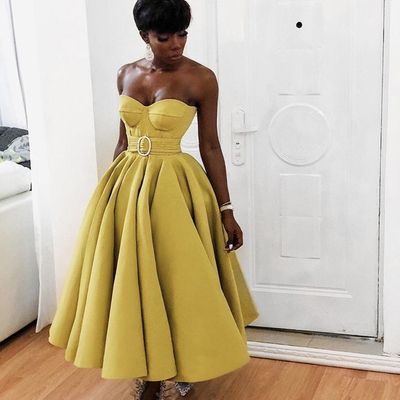 Yellow satin short prom dress party dress，1962