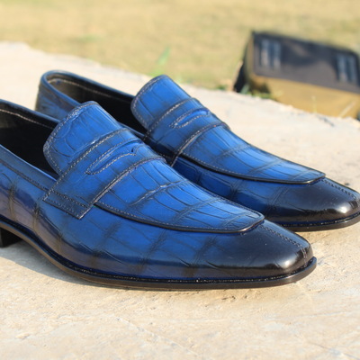 Crafted leather handmade men blue crocodile leather loafers dress shoes - Thumbnail 3