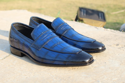 Crafted Leather Handmade Men Blue Crocodile Leather Loafers Dress Shoes