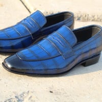 Crafted Leather Handmade Men Blue Crocodile Leather Loafers Dress Shoes - Thumbnail 1