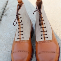 Crafted Leather Handmade Brown Leather Beige Suede Ankle High Lace up Boot - Thumbnail 1