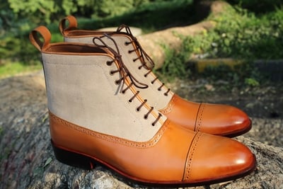 Crafted Leather Handmade Brown Leather Beige Suede Ankle High Lace up Boot