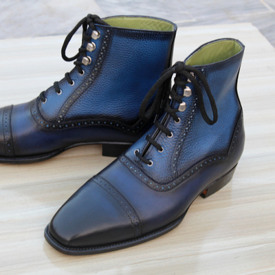 Crafted leather handmade men blue grain leather ankle high lace up balmoral boot