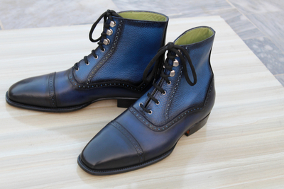 Crafted Leather Handmade Men Blue Grain Leather Ankle High Lace up Balmoral Boot