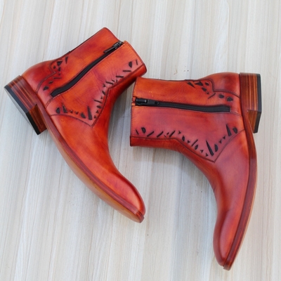 Crafted leather handmade brown leather side zipper ankle high jodhpur boot