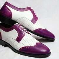 Crafted Leather Classic and Unique Purple White Oxford Dress Lace up Shoes For Men - Thumbnail 2