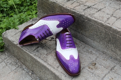 Crafted Leather Classic Handmade Purple White Dress Shoes