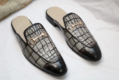 Crafted Leather Handmade Classic Gray Crocodile/Alligator Leather Mules, Men Leather Dress Slippers Shoes
