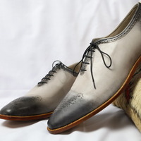 Crafted Leather Classic Gray Leather Lace up Dress Shoes - Thumbnail 1