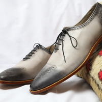 Crafted Leather Classic Gray Leather Lace up Dress Shoes - Thumbnail 4
