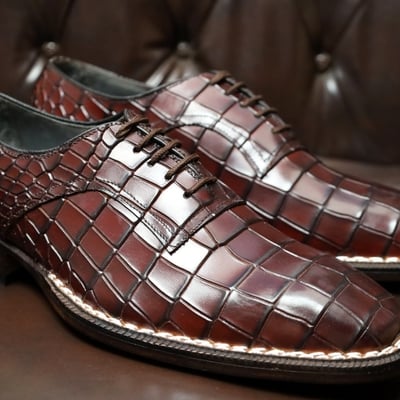 Crafted leather oxford calf leather deep brown crocodile/alligator 5mm hand welted men shoes - Thumbnail 2