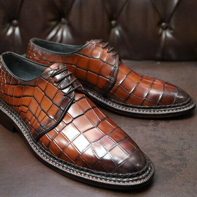 Crafted leather handmade brown crocodile calf leather 5mm hand welted men lace up shoes - Thumbnail 4