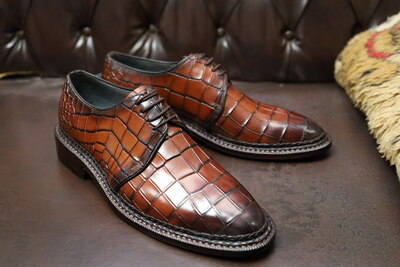 Crafted Leather Handmade Brown Crocodile Calf Leather 5mm Hand Welted Men Lace up Shoes