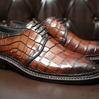 Crafted Leather Handmade Brown Crocodile Calf Leather 5mm Hand Welted Men Lace up Shoes - Thumbnail 1