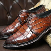Crafted Leather Handmade Brown Crocodile Calf Leather 5mm Hand Welted Men Lace up Shoes - Thumbnail 6