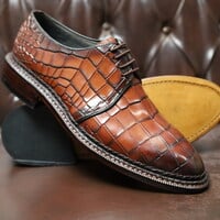 Crafted Leather Handmade Brown Crocodile Calf Leather 5mm Hand Welted Men Lace up Shoes - Thumbnail 3