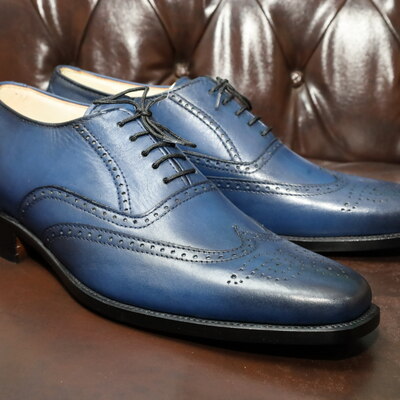 Crafted leather handmade blue leather wingtip oxford dress shoes - Thumbnail 2