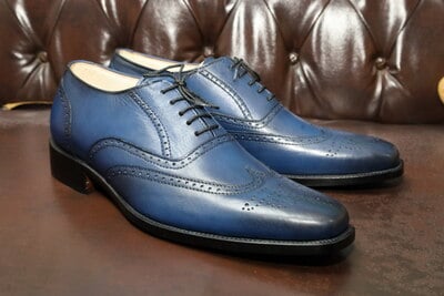 Crafted Leather Handmade Blue Leather Wingtip Oxford Dress Shoes