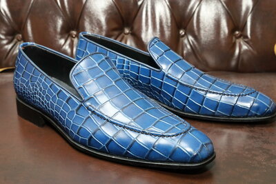 Crafted Leather Blue Loafers Crocodile Leather Moccasin Formal Men Dress Shoes