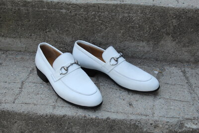 Crafted Leather Classic White Leather Horsebit Moccasin Loafers Dress Shoes