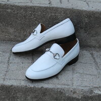 Crafted Leather Classic White Leather Horsebit Moccasin Loafers Dress Shoes - Thumbnail 1