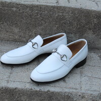 Crafted Leather Classic White Leather Horsebit Moccasin Loafers Dress Shoes - Thumbnail 2