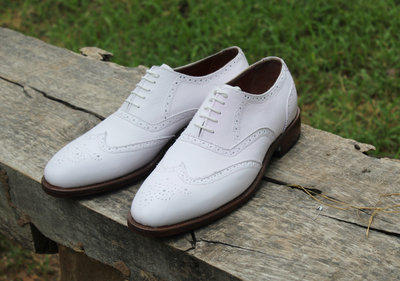 Crafted Leather Classic White Leather Lace up Oxford Dress Shoes