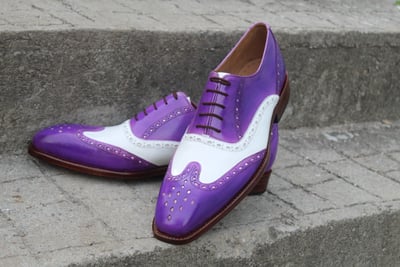 Crafted Leather Classic Handmade Purple White Wingtip Oxford Dress Shoes