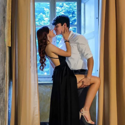 Sexy a line v neck slit black prom dress