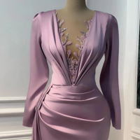 Vintage Purple Long Sleeve Illusion V-neck Evening Dress - Thumbnail 2