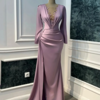Vintage Purple Long Sleeve Illusion V-neck Evening Dress - Thumbnail 1