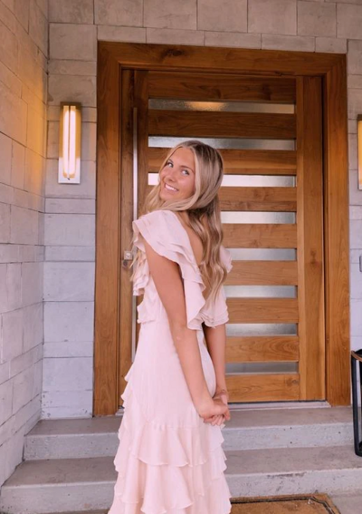 Modest A Line Pink V Back Chiffon Long Prom Dress