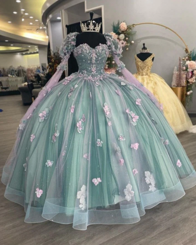Ball Gown Princess Beaded Celebrity Sweetheart Quinceanera Dresses With 3D Flowers