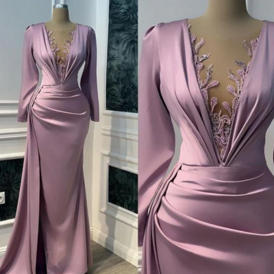 Vintage purple long sleeve illusion v-neck evening dress