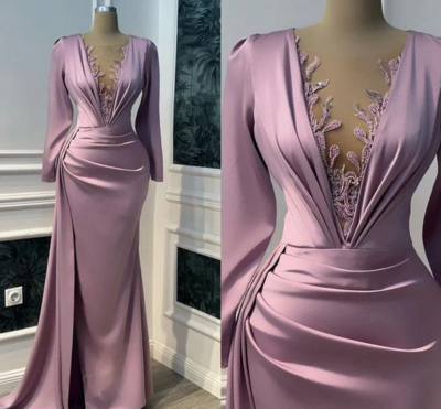 Vintage Purple Long Sleeve Illusion V-neck Evening Dress