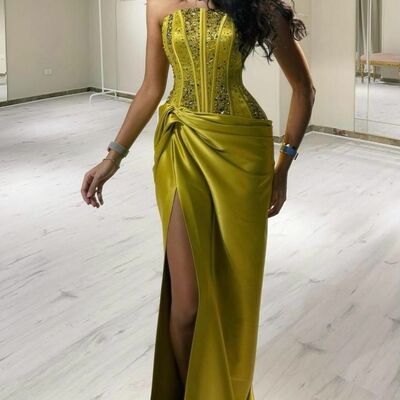 Green sheath prom dresses strapless beading crystals evening gowns formal party gowns - Thumbnail 1