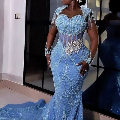 Blue sheath prom dresses beading crystals afrcian girls evening gowns formal party gowns - Thumbnail 2