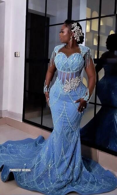 Blue Sheath Prom Dresses Beading Crystals Afrcian Girls Evening Gowns Formal Party Gowns