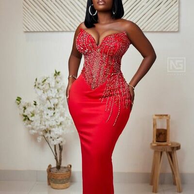 Red sheath prom dresses beading crystals afrcian girls evening gowns formal party gowns