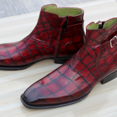 Crafted leather handmade red crocodile leather monk shoes side zipper ankle high jodhpur dress boot