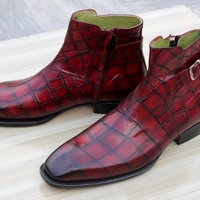 Crafted Leather Handmade Red Crocodile Leather Monk Shoes Side Zipper Ankle High Jodhpur Dress Boot - Thumbnail 1